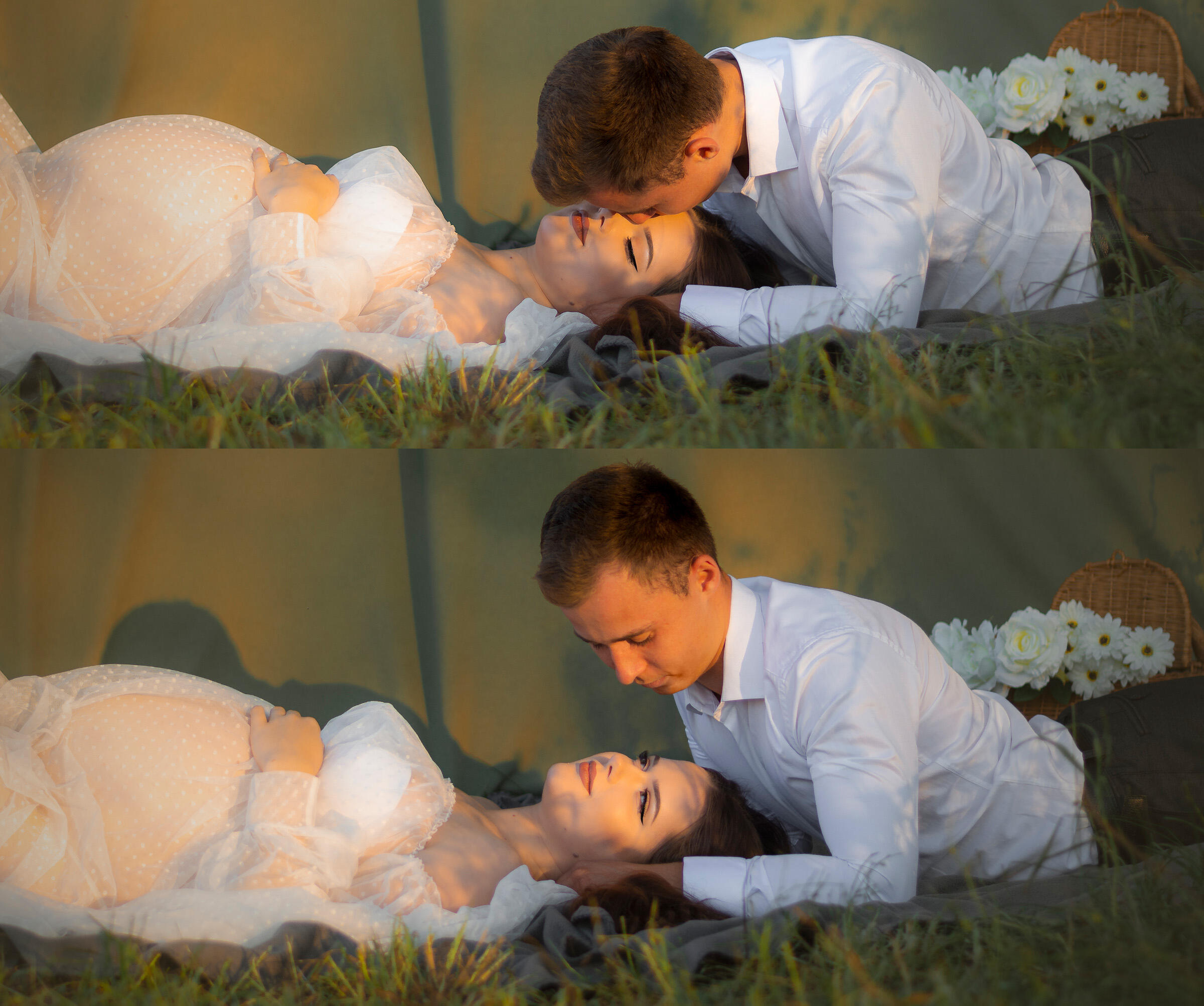 nėščia moteris guli ant dekio gamtoje, jos partneris bučiuoja jos kaktą