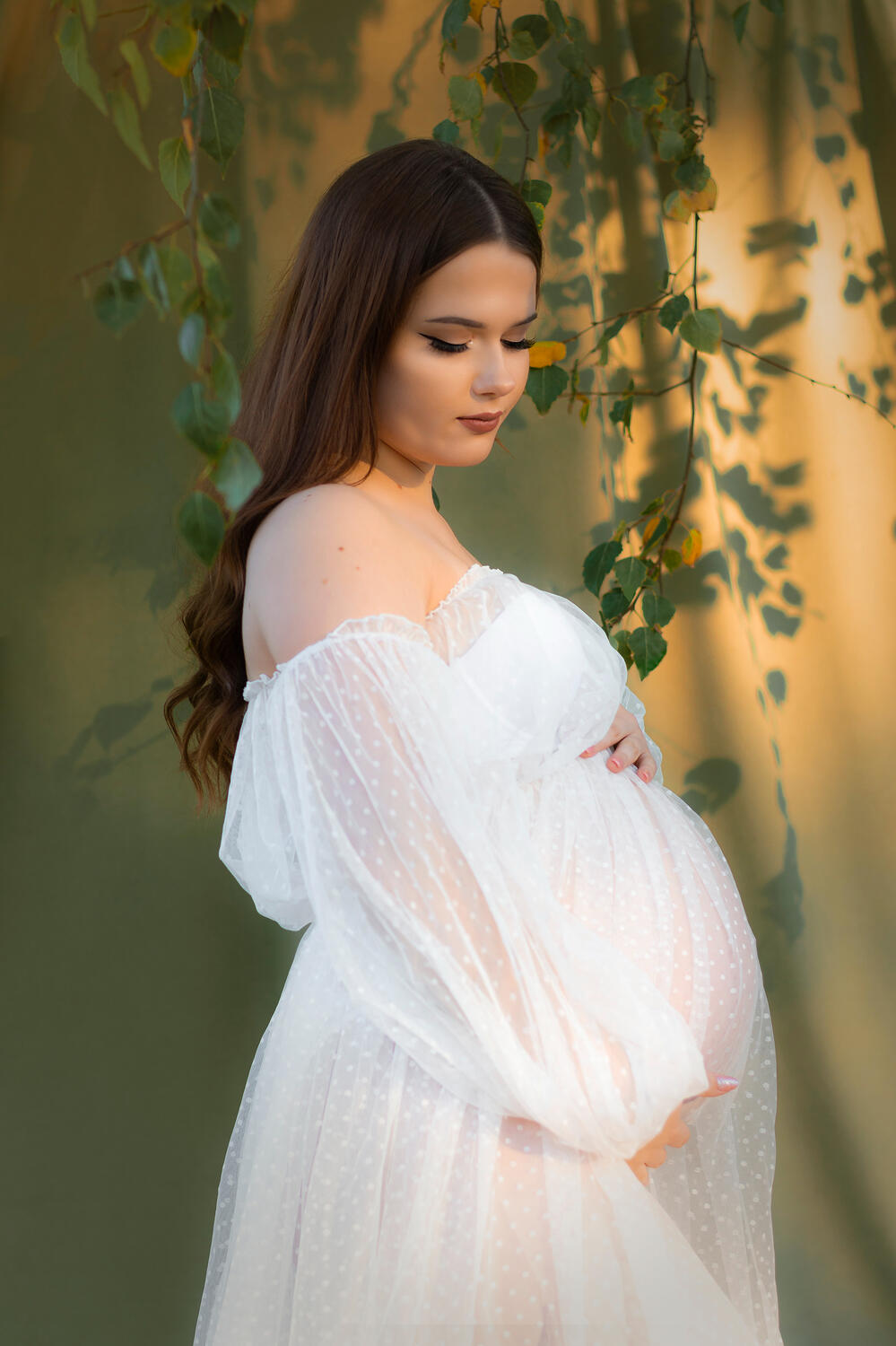 Nėščiosios portretas, moteris laiko savo pilvuką