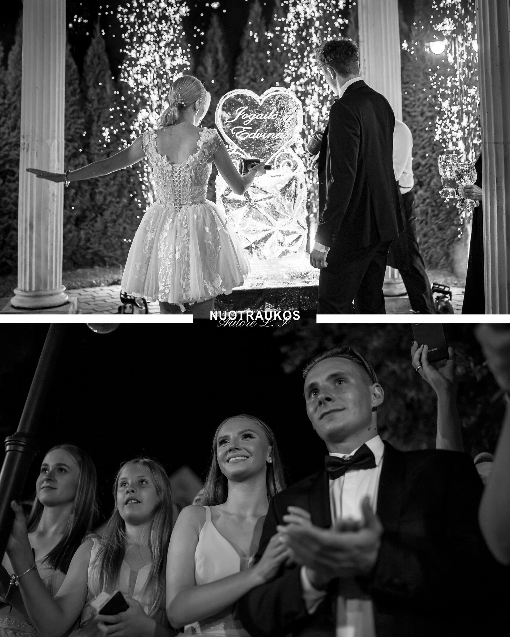 Koliažas. Vestuvių svečiai stebi jaunuosius