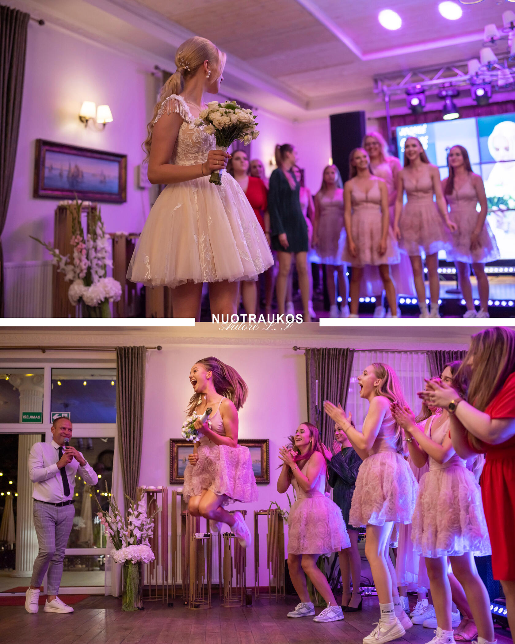 Untitled Koliažas. Jaunoji meta puokštę, ją pagavusi mergina pašoka iš laimės