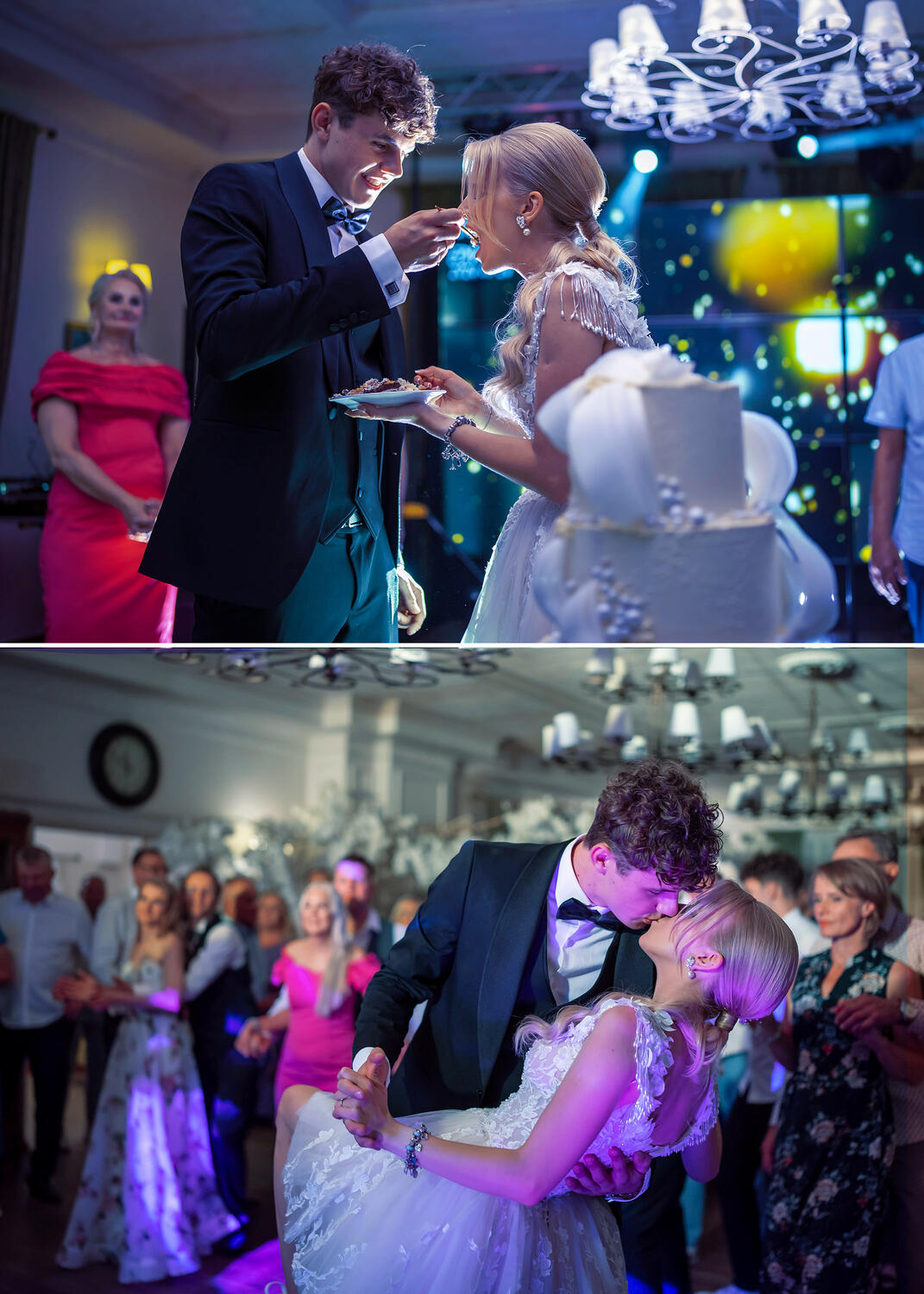Vestuvių šventės fotografavimas reportažiniu stiliumi, jaunoji ir jaunikis valgo tortą