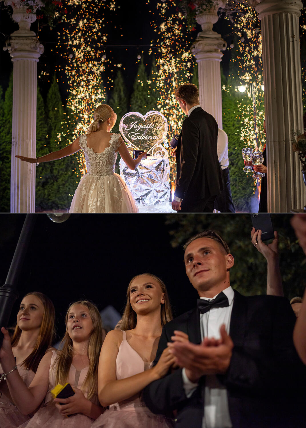 Koliažas. Vestuvių svečiai stebi jaunuosius, fejerverkai