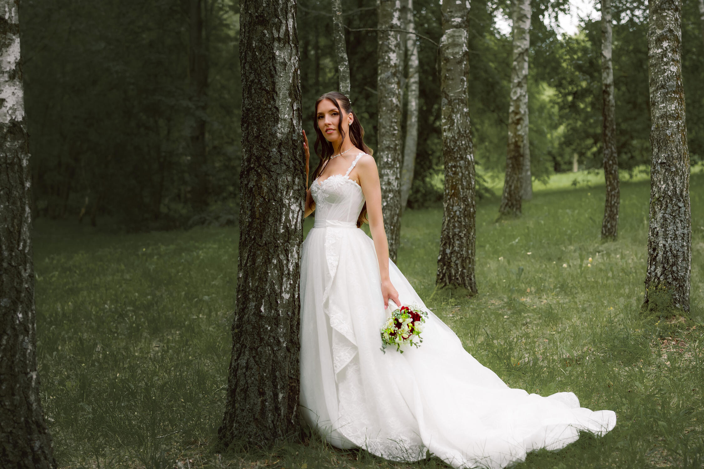 Jaunoji su balta suknele pozuoja prie beržo, vestuvinė fotosesija gamtoje