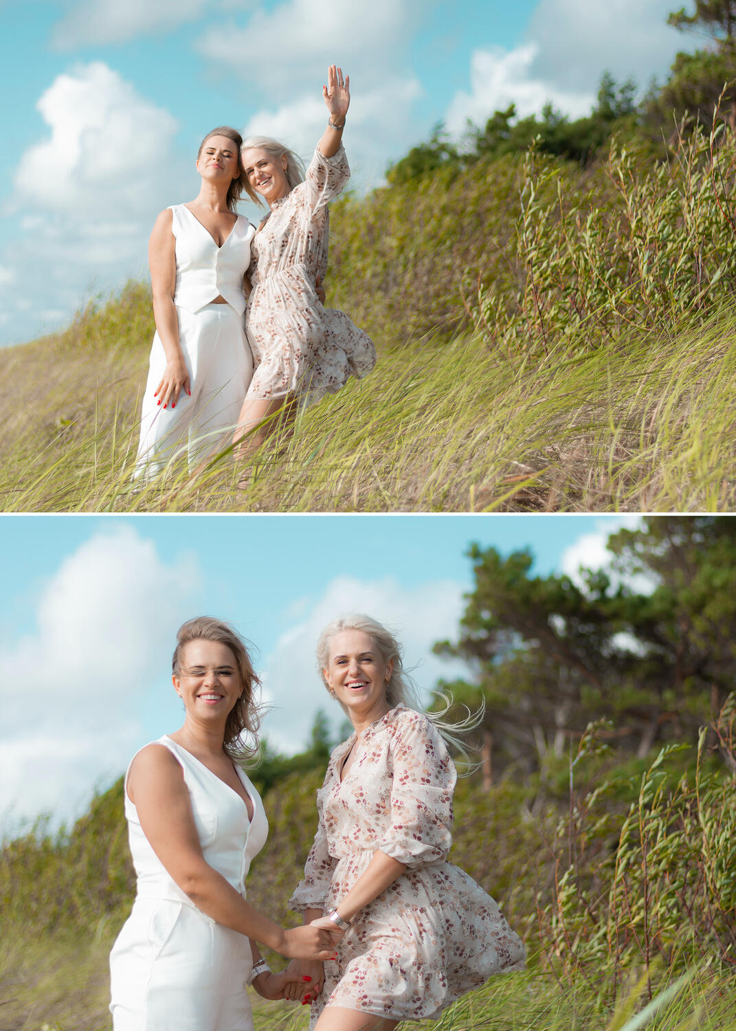 Draugės švenčia mergvakarį, šypsosi į kamerą